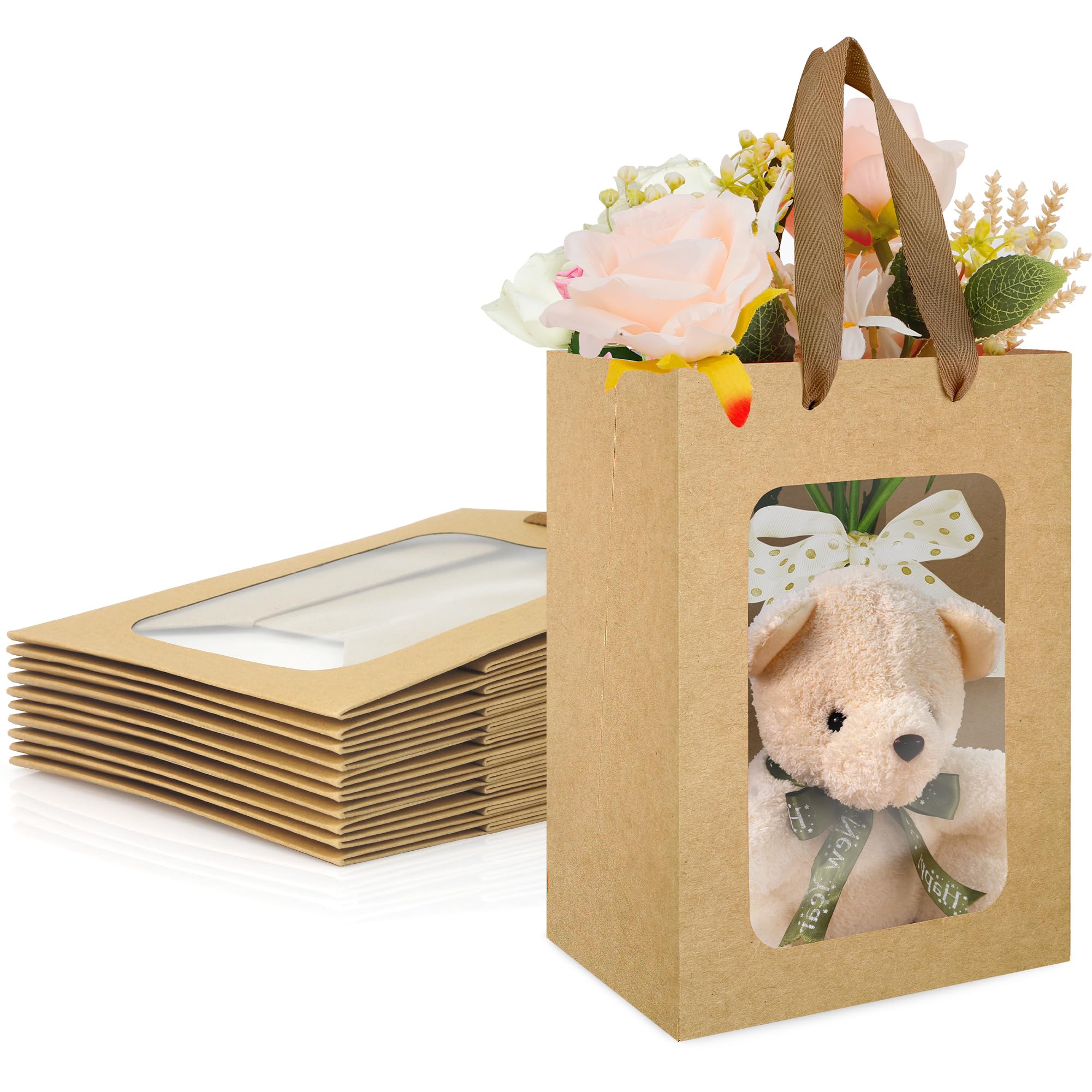 10 Pack Gift Bags With Window,Kraft Gift Bags with Window,Gift Bag for Presents,Paper Bag with Handles,Perfect For Birthday,Valentine's Day,Graduation,Christmas,Anniversary,Wedding