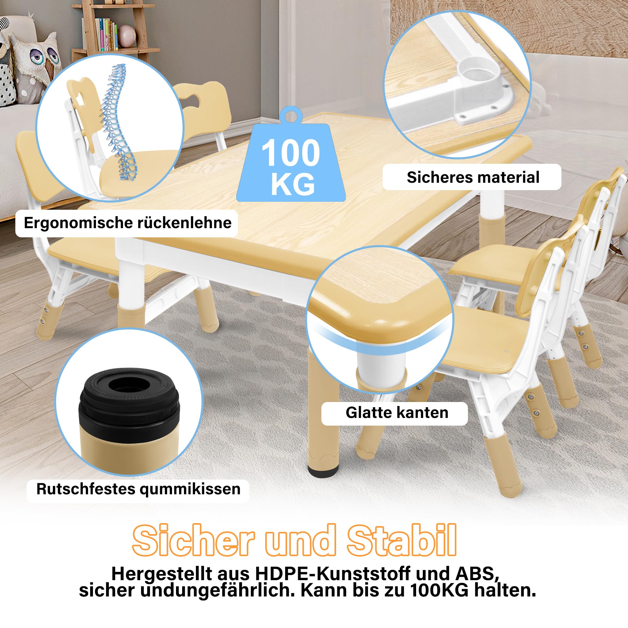 TWOLIIN Table + 4 Chaises Réglables Enfants – Ensemble Plastique Bois, Hauteur Ajustable 2-10 Ans, Chambre & Maternelle !