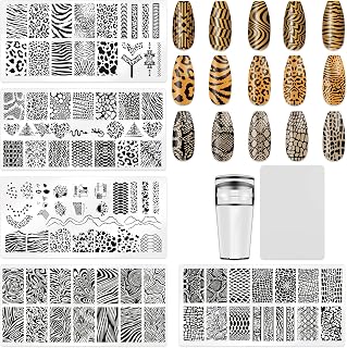 HYWWPFLAY 5Pcs Leopard Cheetah Snake Print Nail Stamping Plates Kit with Stamper & 2 Scrapers - Stainless Steel Nail Art Templates