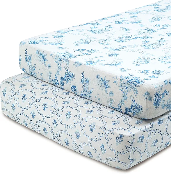 Delta Children Fitted Crib Sheets for Girls and Boys - 100% Organic Cotton Crib Sheet for Standard Crib and Toddler Mattresses - 28x52 Inch - GOTS Certified (Pack of 2), Blue Botanicals
