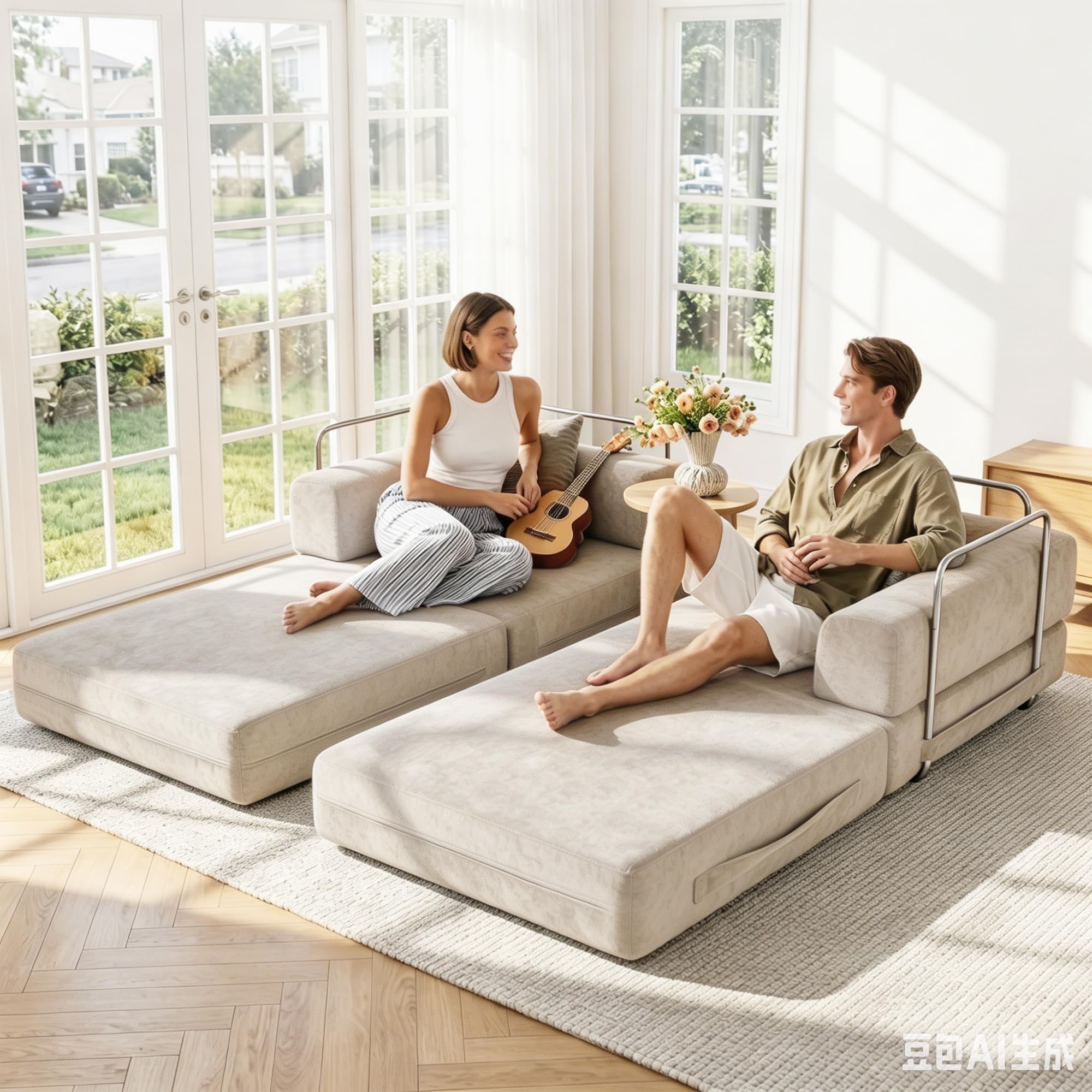Schlafsofa 200cm Breit, Boneless Couch mit Kuscheliger Chenille-Stoff, Modulares Bodensofa klappbar, 3-Sitzer Sofa mit Schlaffunktion, Waschbarer Bezug, Metallrahmen & 2 Kissen, Cremeweiß