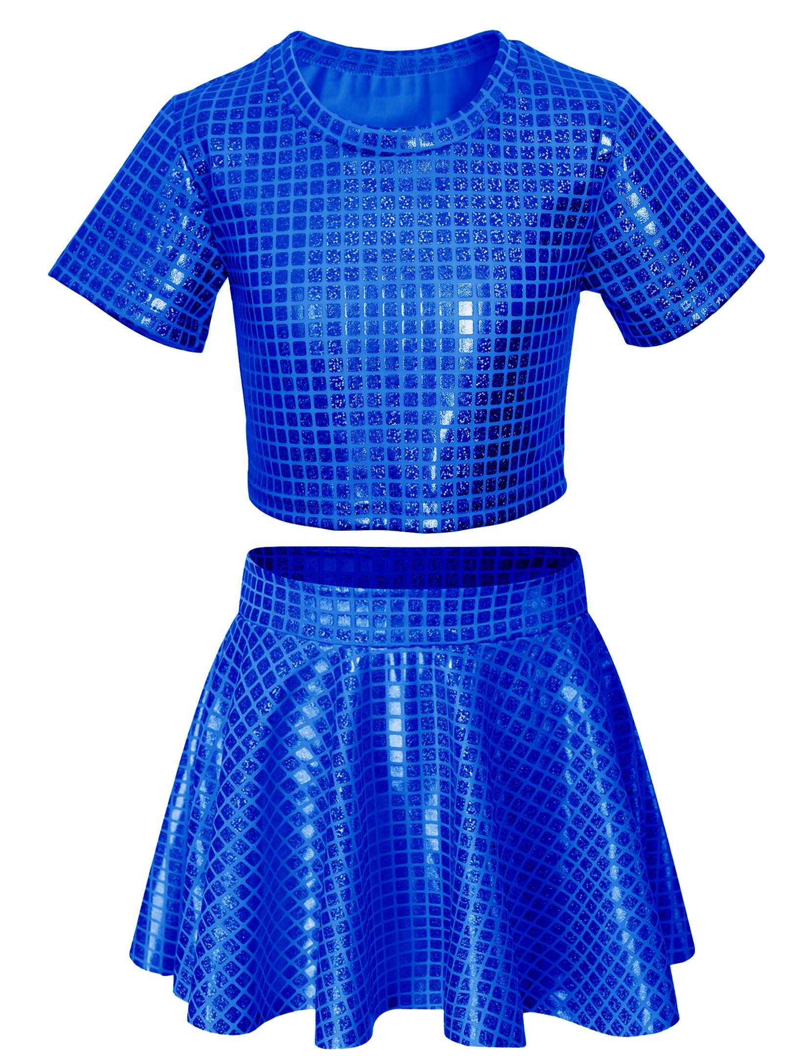 Sequin Top for Girls with Shiny Skirt Disco 0utfit Metallic Dress Performance Kids 3-13T