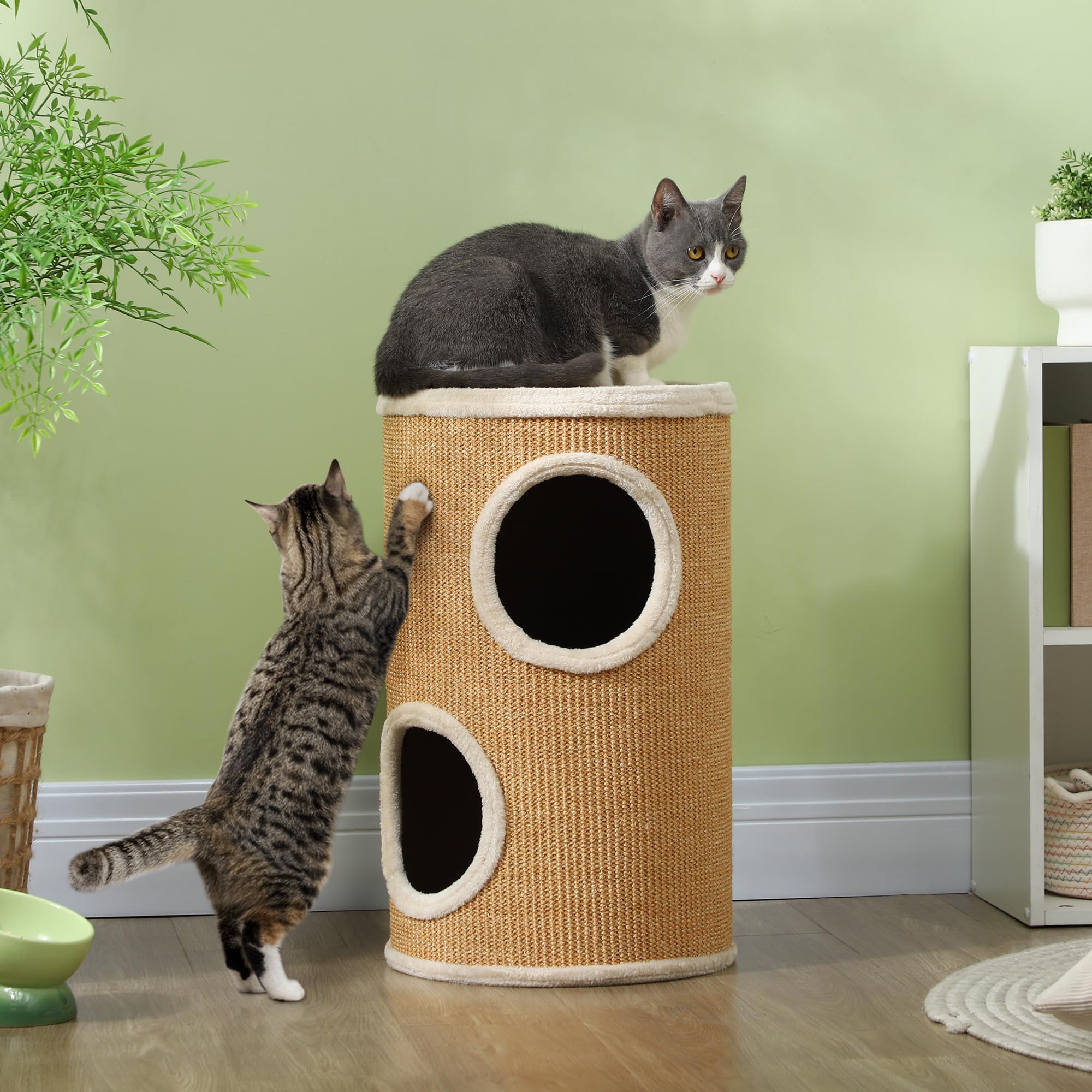 PawHut Kattenhok voor binnen, 3 niveaus, kattentoren met open bovenblad, krabton van sisal voor dieren onder de 6 kg, 41 x 41 x 75,5 cm, crème