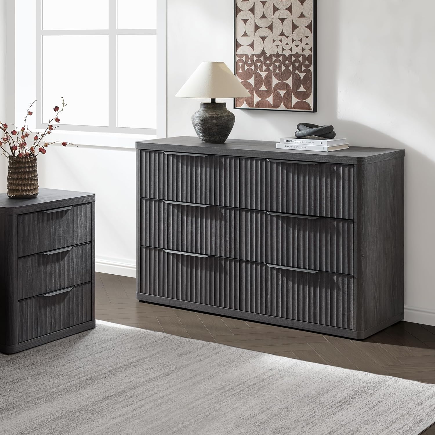 SICOTAS Dresser for Bedroom 53.5" Wide 6 Drawer Dressers & Chests of Drawers for Closet Long Large Modern TV Stand Set for Clothes Storage Fluted Clothes Closet for Hallway Entryway, Dark Grey Alder Dark Grey Alder 1 Piece
