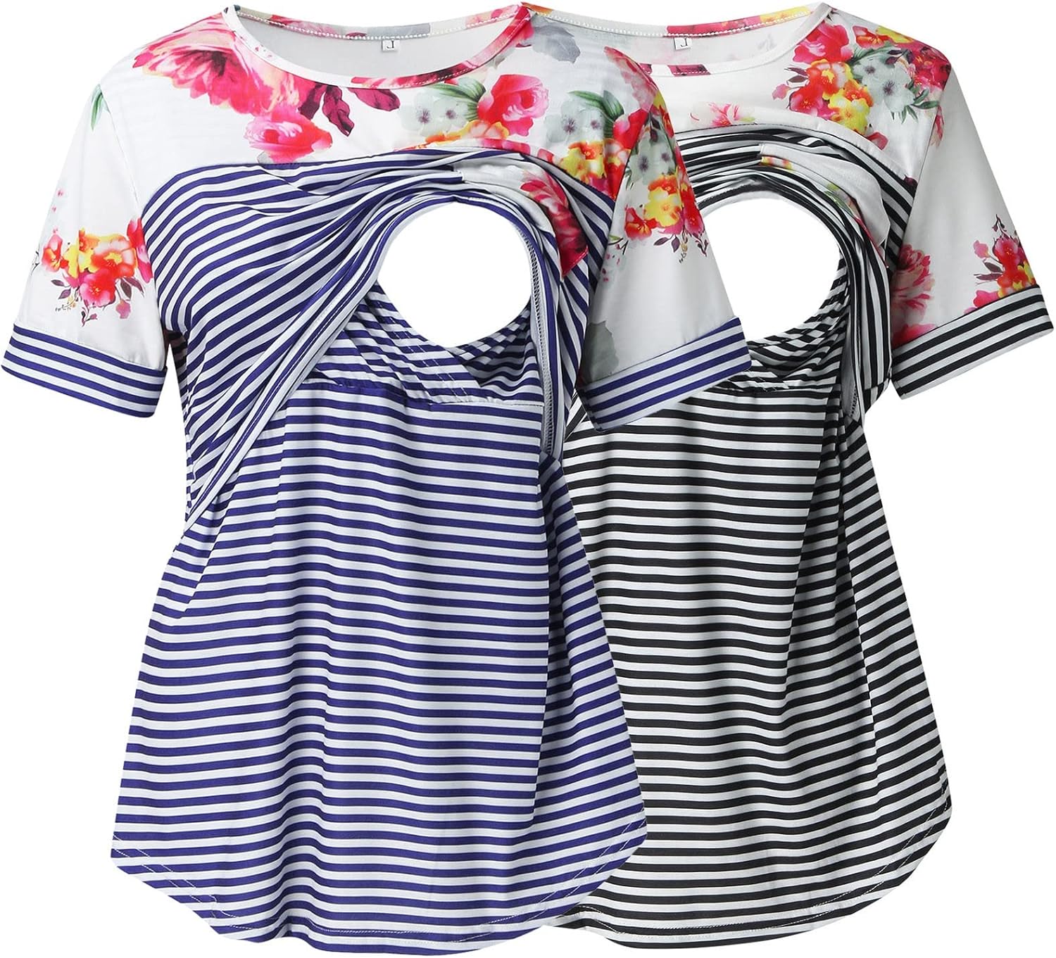 ZSQBQ 2 Pieces Loose Breastfeeding Tops Summer Women Casual Stripe Print Pregnancy Maternity Clothes Nursing Shirts
