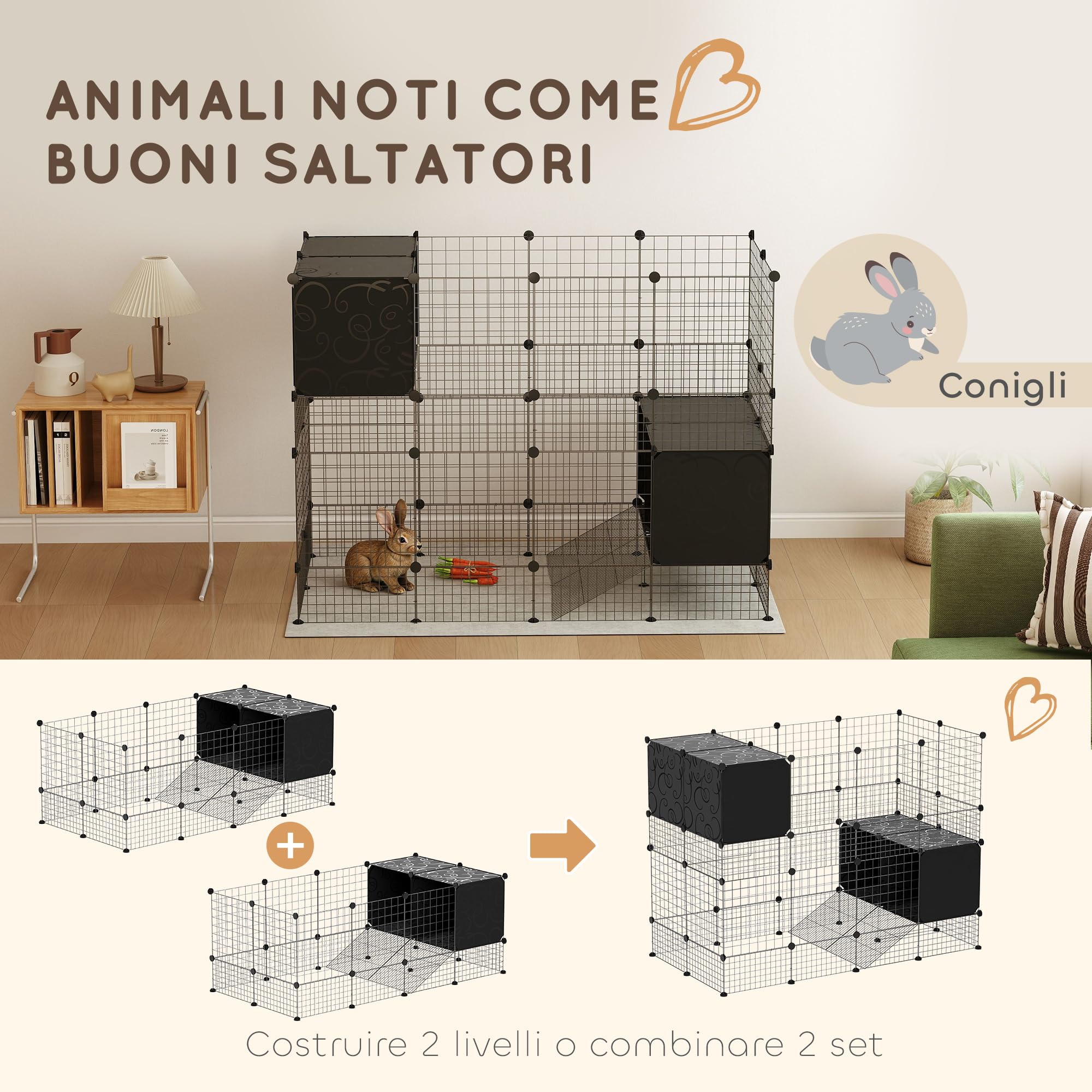 PawHut Gabbia per Animali Piccoli Modulabile con 2 Casette Rialzate, Recinto per Conigli, Porcellini d'India e Ricci da interno con 31 Pannelli, Nero