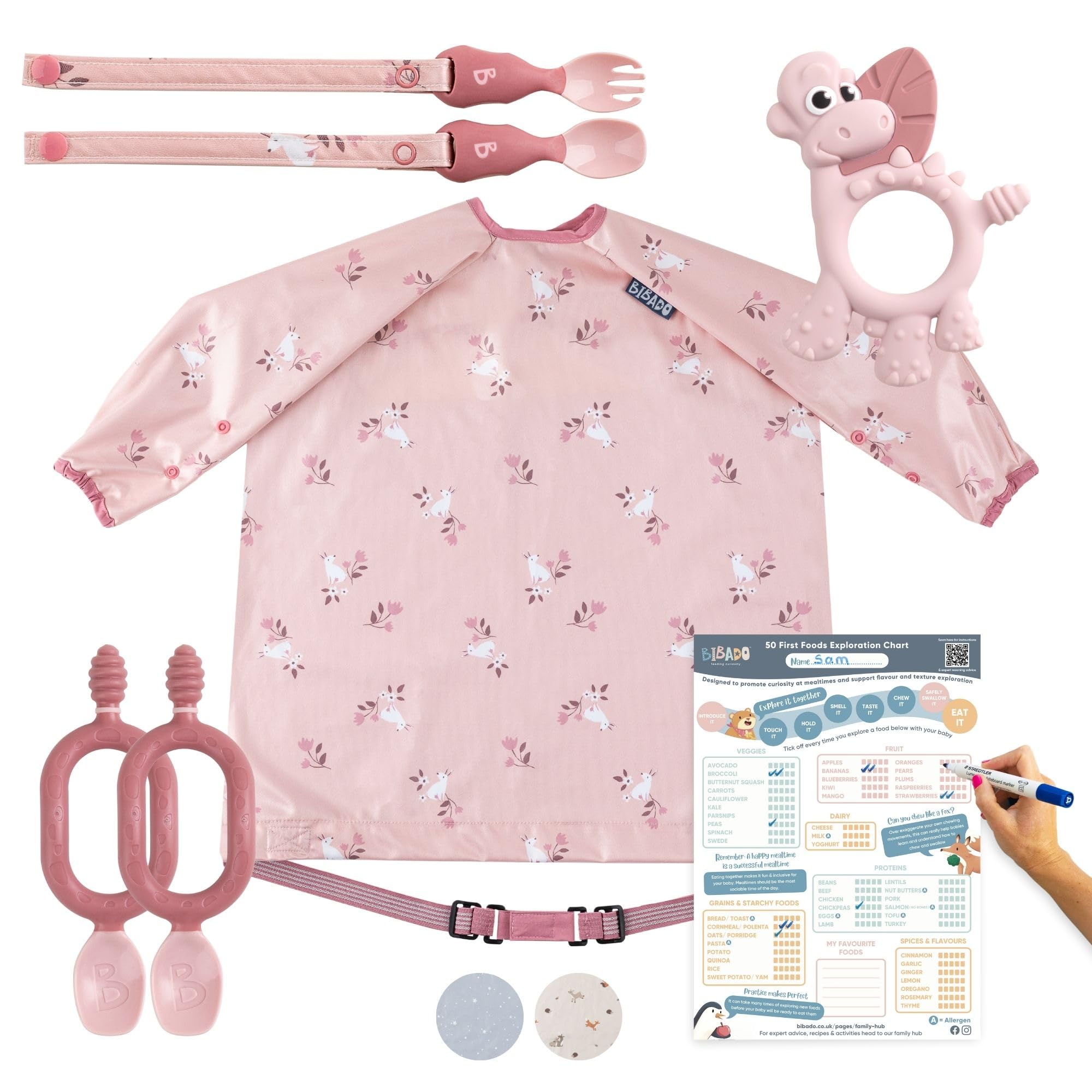BIBaDO Starter Baby Feeding Set - Includes Feeding Bibs, Weaning Spoons, Baby Cutlery, Teether & Weaning Poster, BPA-Free, Perfect for Weaning and First Foods - Blush