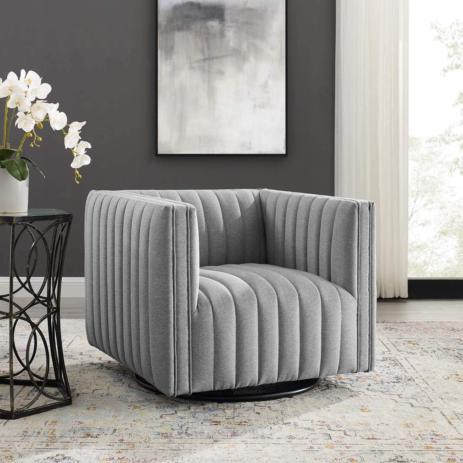 Photo 1 of Modway Conjure Channel Tufted Upholstered Accent Light Gray, Swivel Armchair