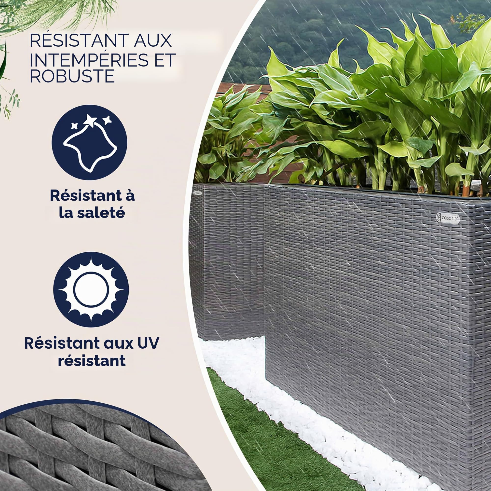 CASARIA Bac à Fleurs Polyrotin Gris | Jardinière Verticale, Dimensions: 83x30,5x60 cm, Intérieur et Extérieur, 3x Pots Amovibles, Aspect Rotin, avec Drainage