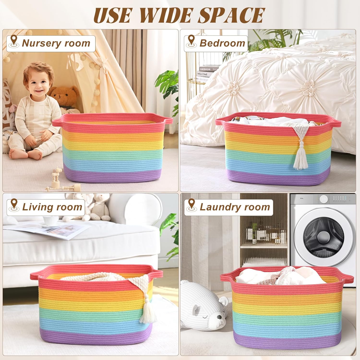 Large Blanket Basket, 100 L Rectangle Storage Baskets for Organizing, Woven Laundry Basket for Blankets, Cotton rope Blanket Storage for Living Room, Nursery Room, Rainbow