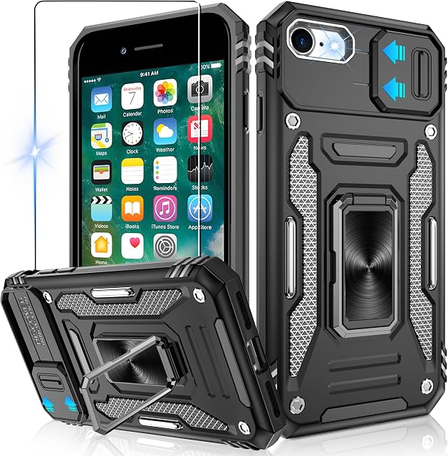 Jshru for iPhone SE Case with Screen Protector and Slide Camera Cover [Upgrade],Military Grade Shockproof iPhone SE 2020/2022 Case with Ring Kickstand,Anti-Scratch Phone Cover for iPhone 7/8,Black