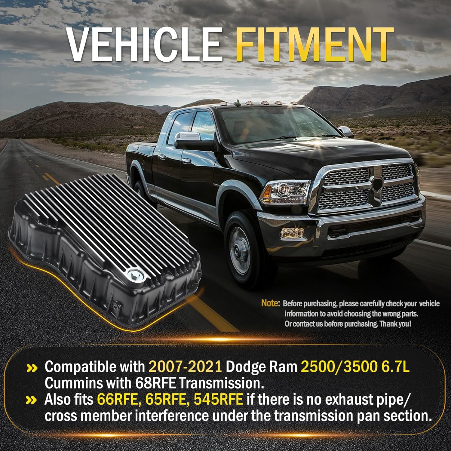 228052110 Heavy Duty Transmission Pan Compatible with Dodge Ram 2500 3500 6.7L Cummins 68RFE, Cast Aluminum Oil Pan with 3 Quart Extra Capacity & Neodymium Magnetic Drain Plug, Brushed Finish