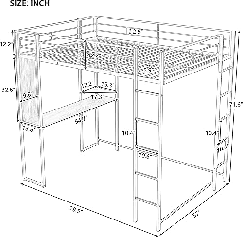 Miniatura 2 de Cama alta de metal de tamaño individual con escritorio y estante estructura de metal con barandilla de seguridad para dormitorio dormitorio
