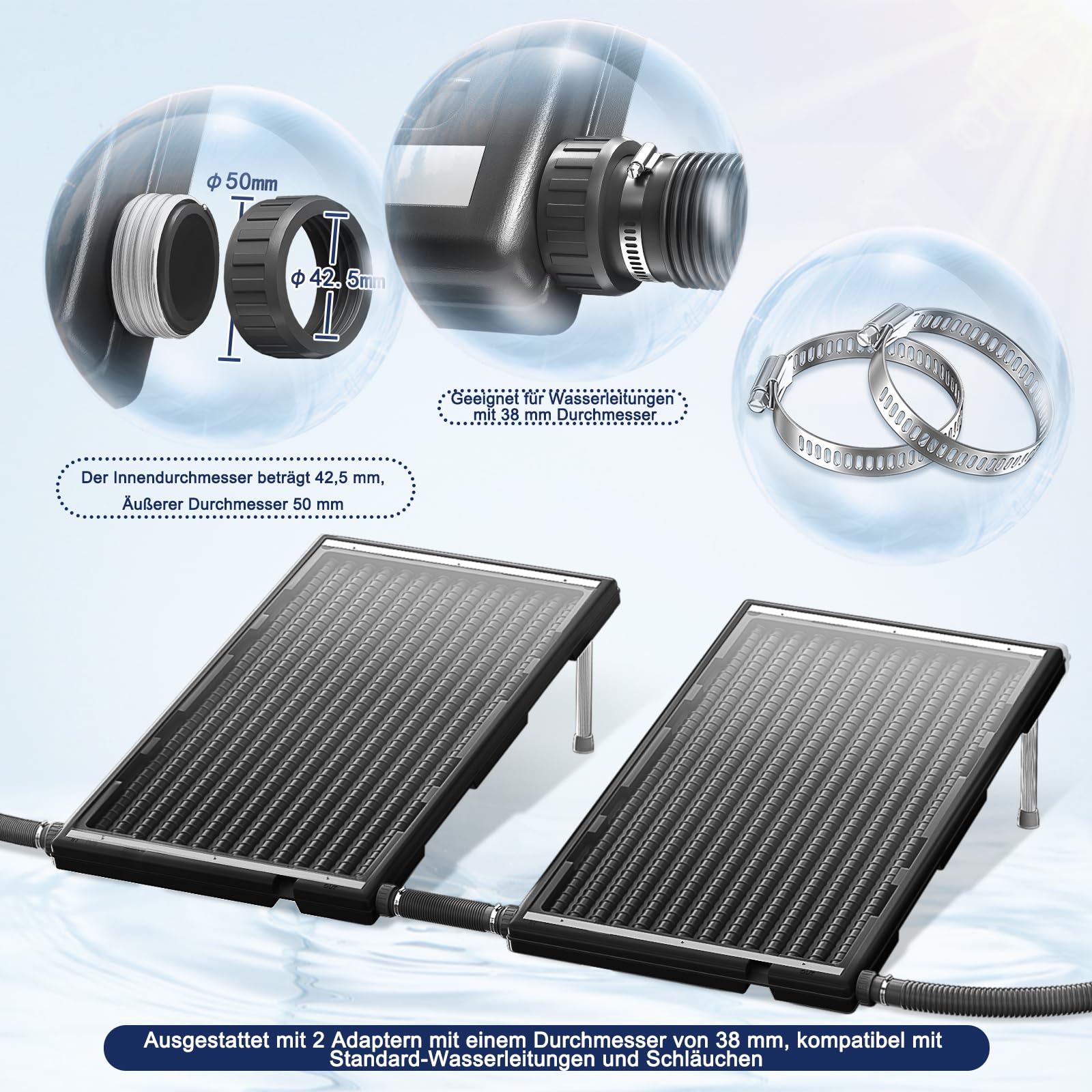 LZQ Riscaldamento solare per piscina con pannello solare, connettore per riscaldamento solare, diametro 50 mm, per acqua calda, piscina, doccia da giardino, 111,5 x 66 x 6,5 cm, nero, rettangolare, 3