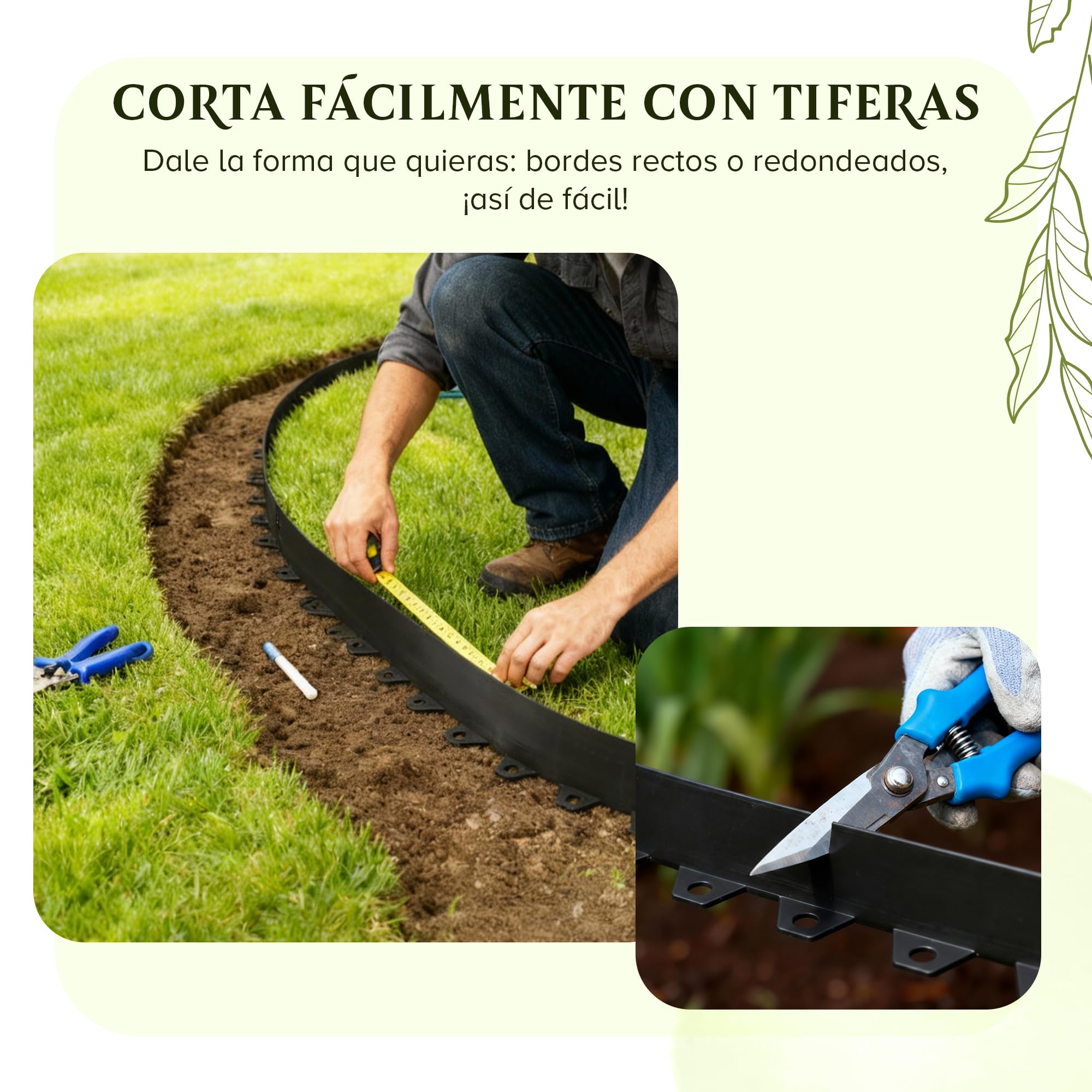 Borde Flexible para césped (10 m, 40 Anclajes de Tierra, 8 cm de Altura), de plástico Negro, Resistente a la Intemperie, Borde Redondo, bordillo Redondo para césped, remate de Corte