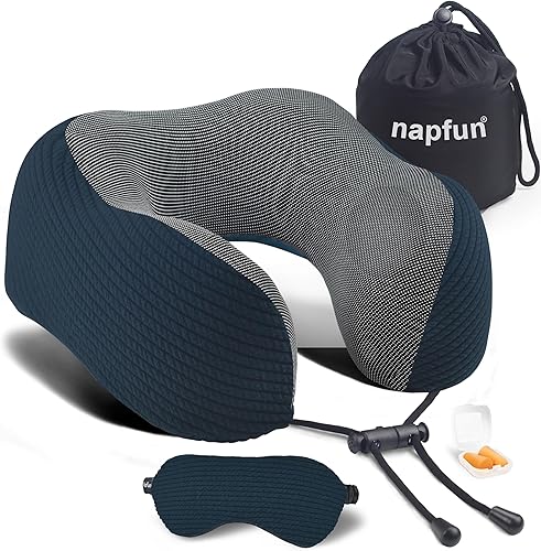 napfun Almohada de cuello para viajes, almohada de cuello de viaje mejorada para avión 100% espuma viscoelástica pura, almohada de viaje para