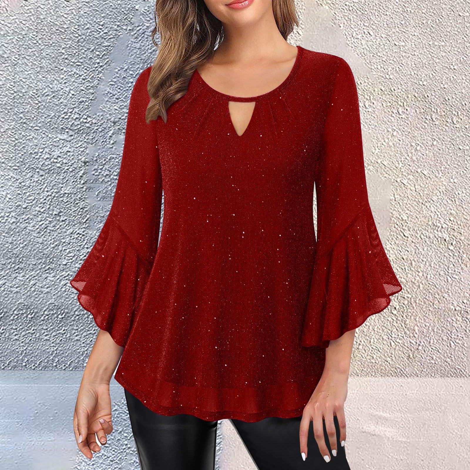 Top da donna con brillantini, per feste, Capodanno, con paillette, con scollo a V, per feste, matrimoni, feste, carnevale, a maniche lunghe