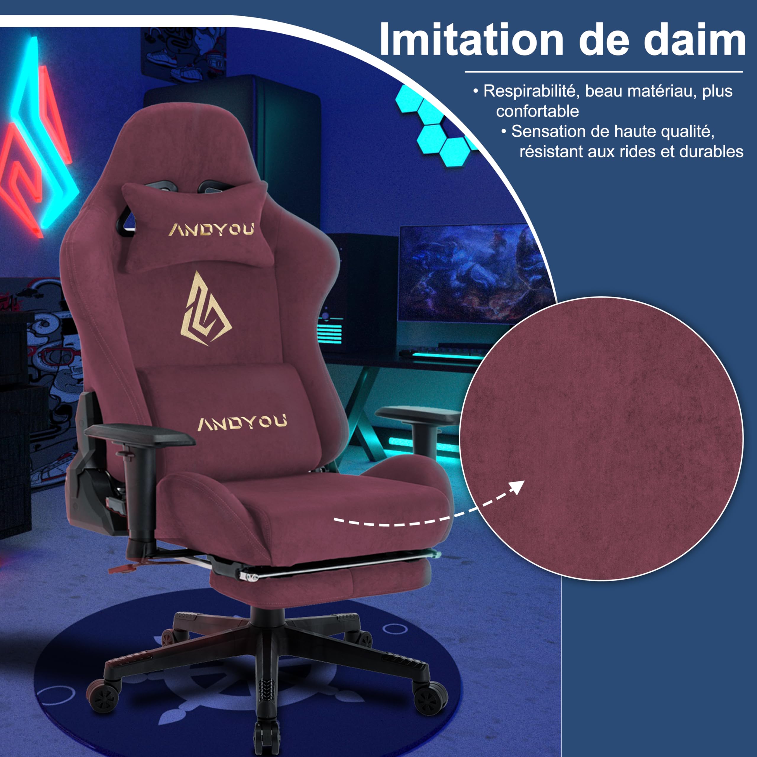 Andyou Chaise Gaming Ergonomique et Fauteuil Gamer avec Repose-Pieds Télescopique Coussin à Ressorts, Support Lombaire et Hauteur Réglable 200kg Rouge