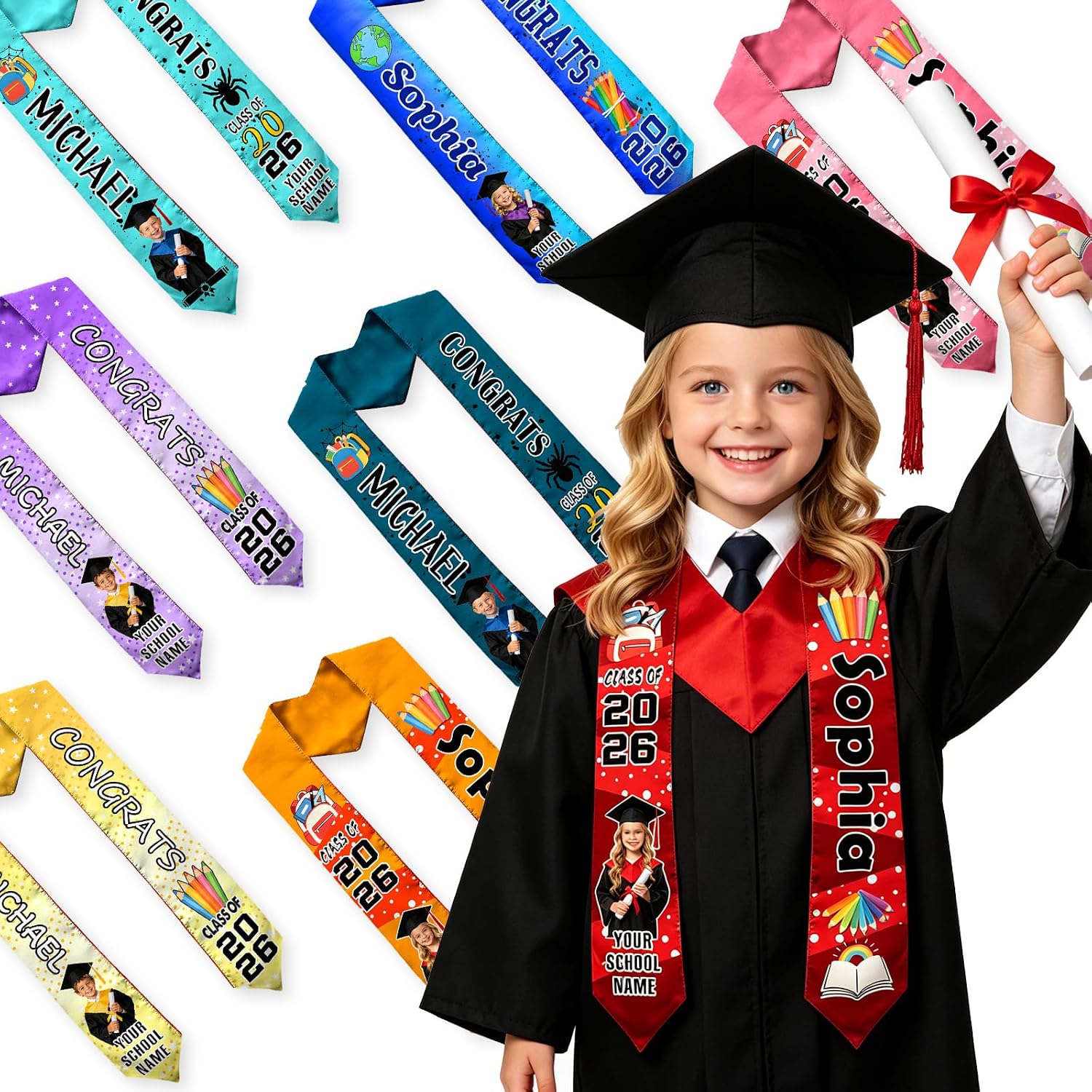 MyPupSocks Personalized Graduation Stole Class of 2026, Custom Decorations Sash with Photo and Name