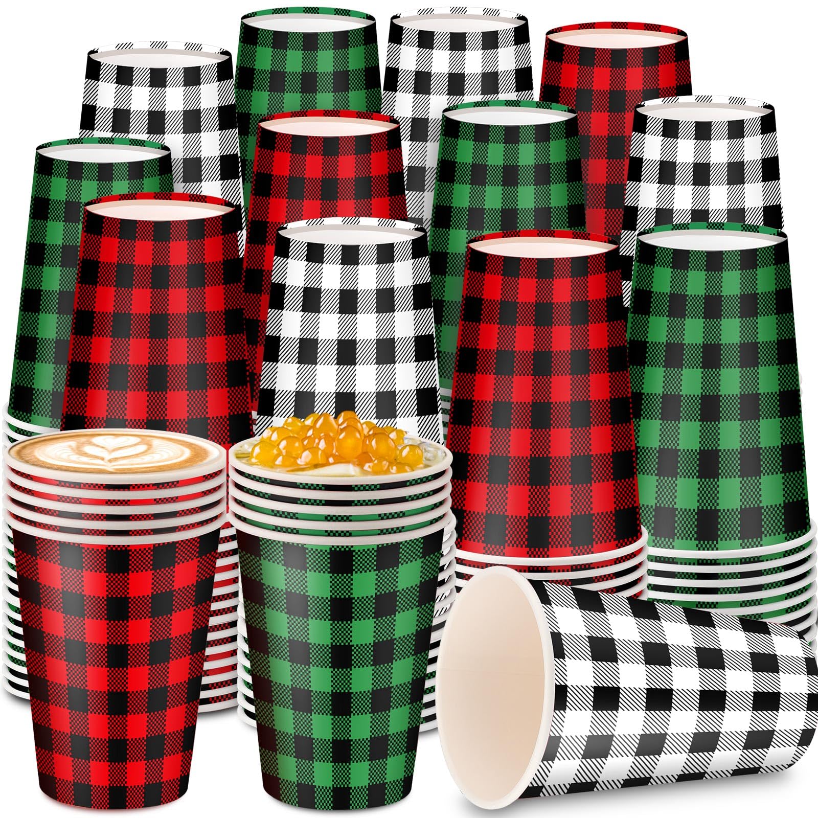 Maxcheck 300 tazas desechables de Navidad de 12 onzas, color verde, rojo, blanco, a cuadros, tazas de café de papel para bebidas frías calientes, chocolate, té, cacao, decoraciones de mesa de Navidad