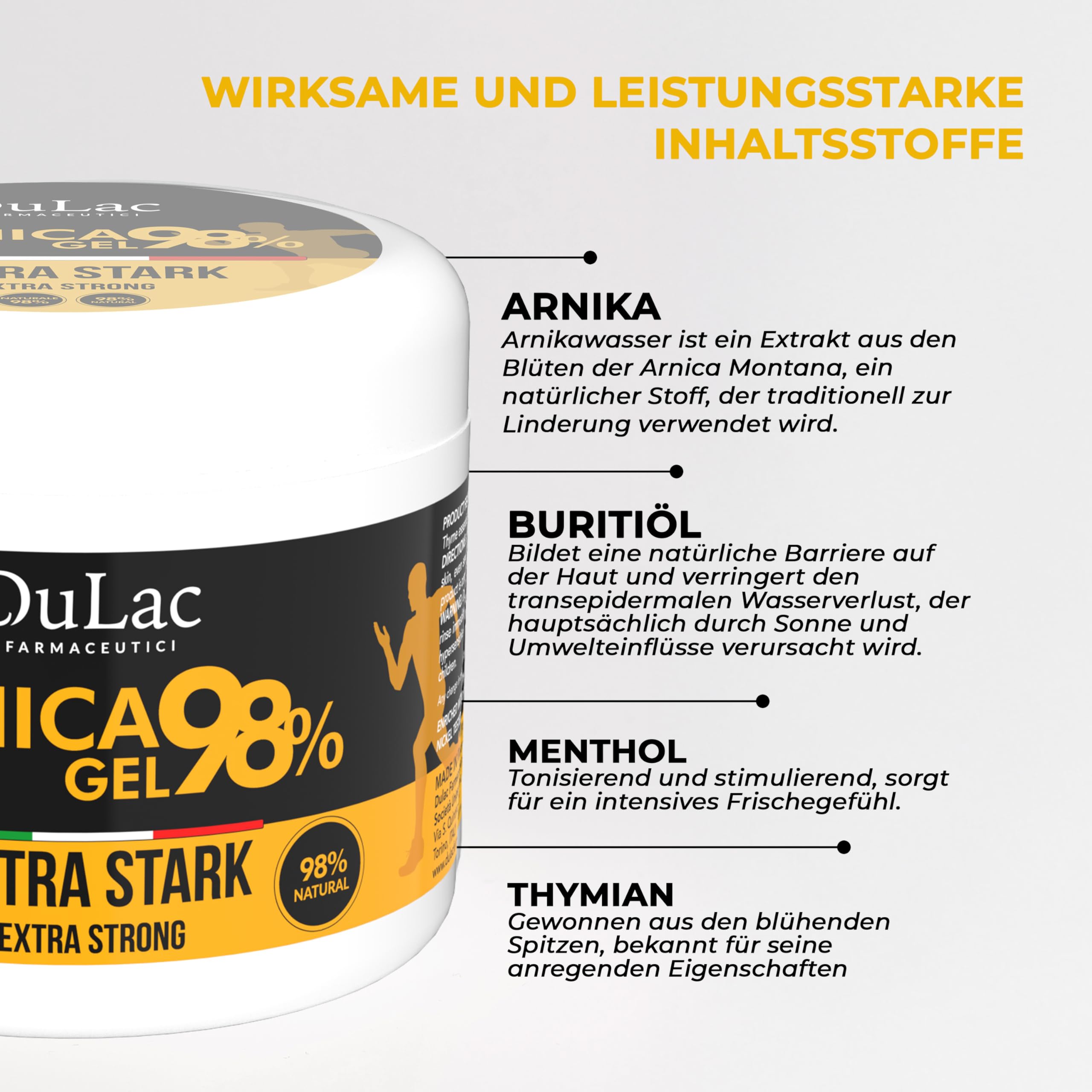 Dulac – Arnika Gel 98% Kühleffekt, 500 ml, Arnika Pferdegel Für Mensch Extra Stark, Lindert Müde Muskeln und Gelenke, Beruhigend und Entspannend, Mit Buriti-Öl, Thymian, Menthol, Made in Italy