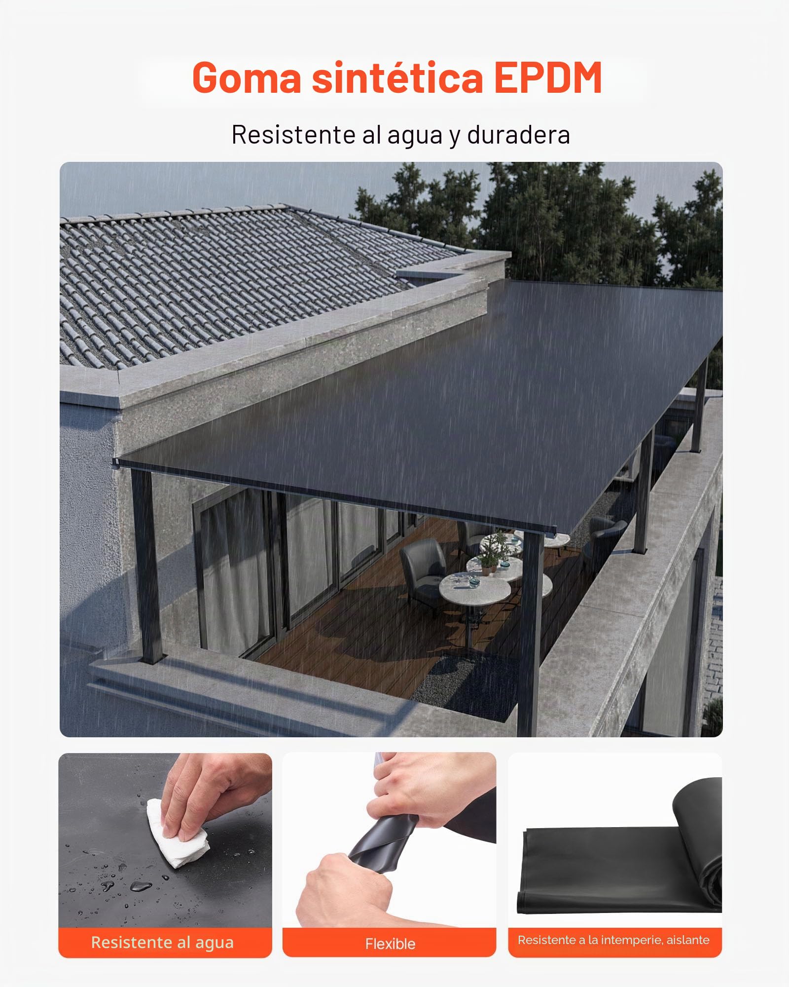 VEVOR Membrana para Techos de 6,096 x 7,62 m, Lámina de EPDM de 1,14 mm, Impermeabilización, Duradera y Resistente a la Intemperie, Base para Autocaravanas, Techos y Estanques, Negro, 1 Rollo