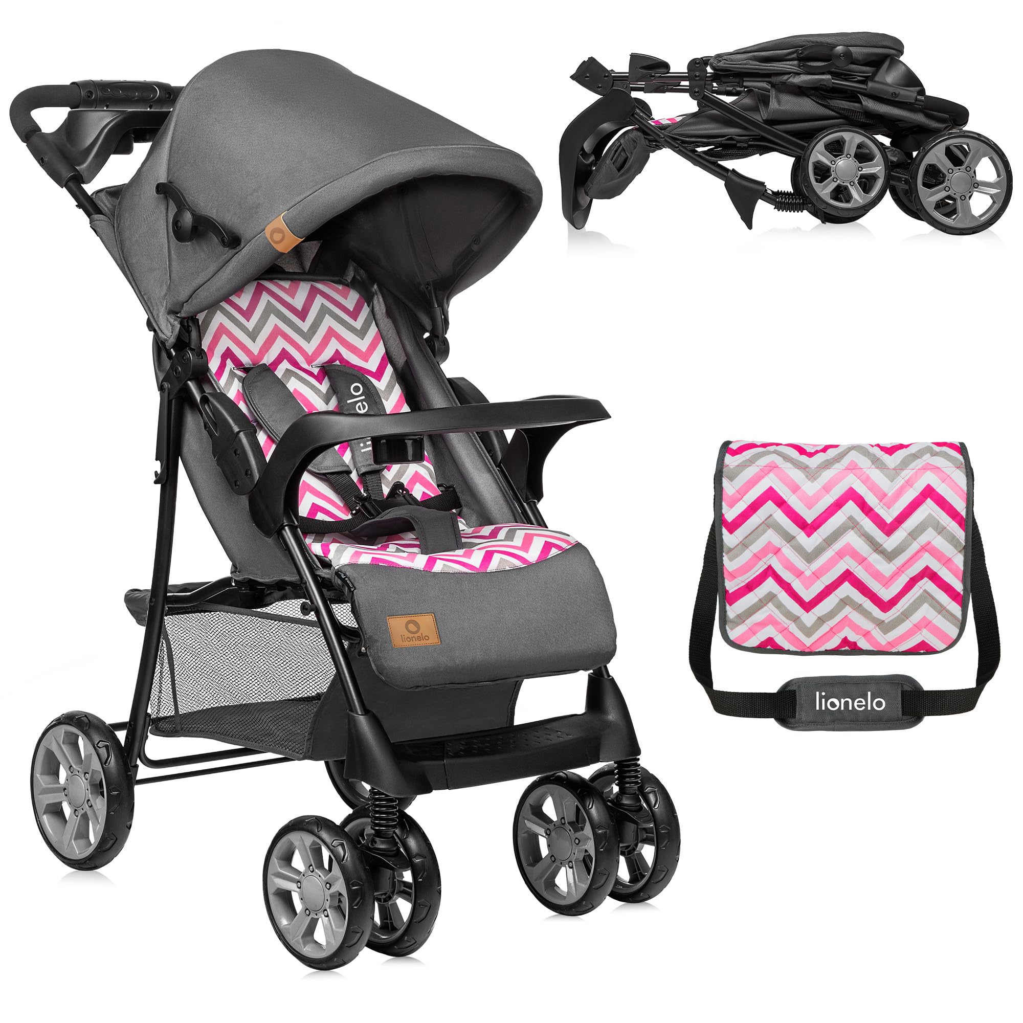 Lionelo Emma Plus Poussette légère et robuste de 6 à 36 mois, pliage compact rapide, inclinaison allongée à plat, harnais à 5 points, auvent XXL, roues absorbant les chocs, plateau, sac (simple, rose)