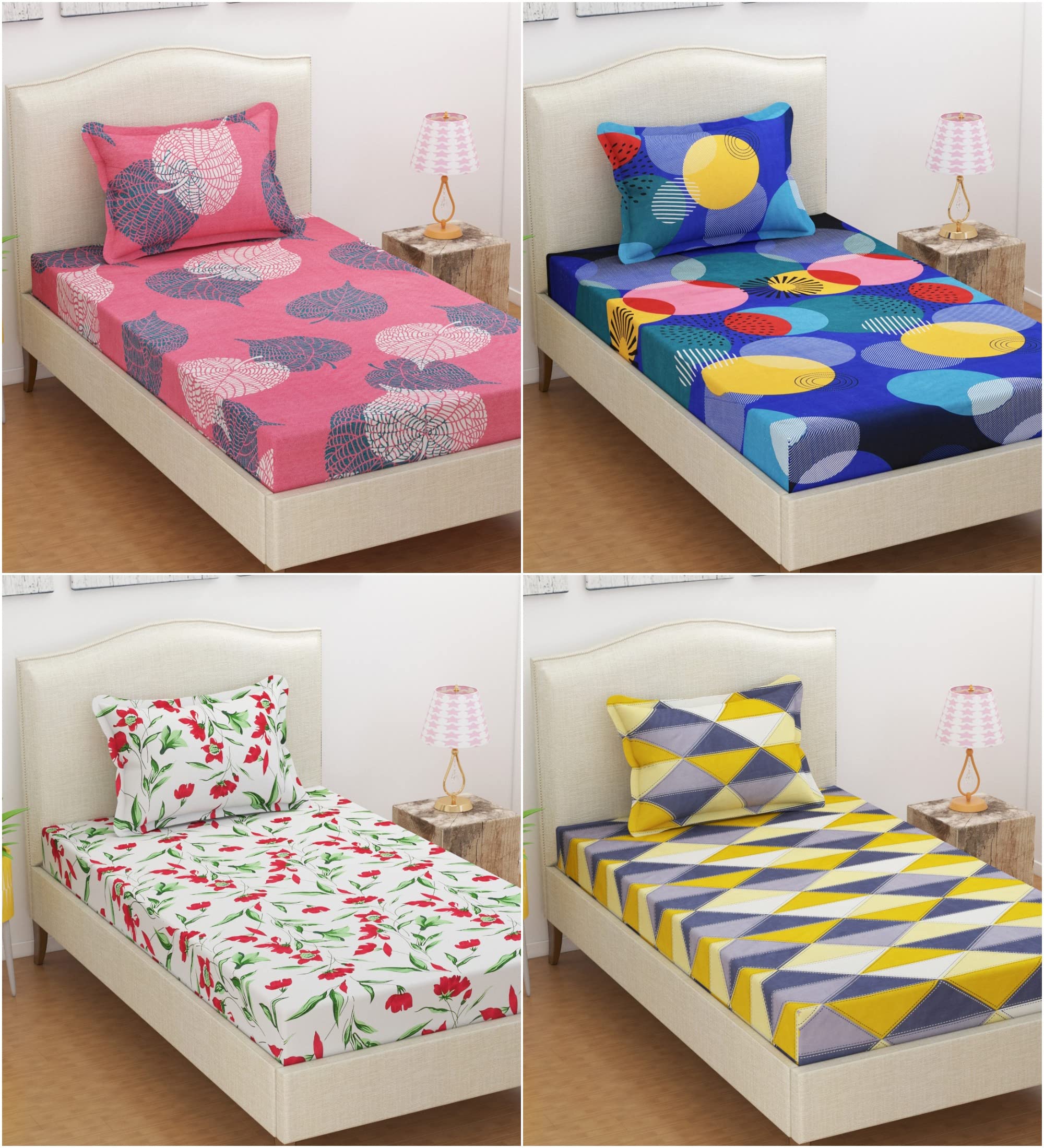 VAS COLLECTIONS 200 GSM Glace Cotton Combo Pack of 4 Single Printed Bedsheet with 4 Pillow Covers,Size-228X152,Pillow Size-18X28 inches (Multicolor)