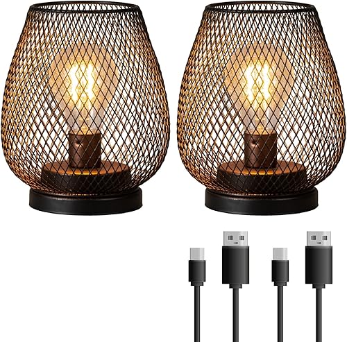 DECORKEY Juego de 2 faroles de mesa LED recargables, con jaula de metal marrón, lámparas inalámbricas con bombilla LED, farol decorativo vintage