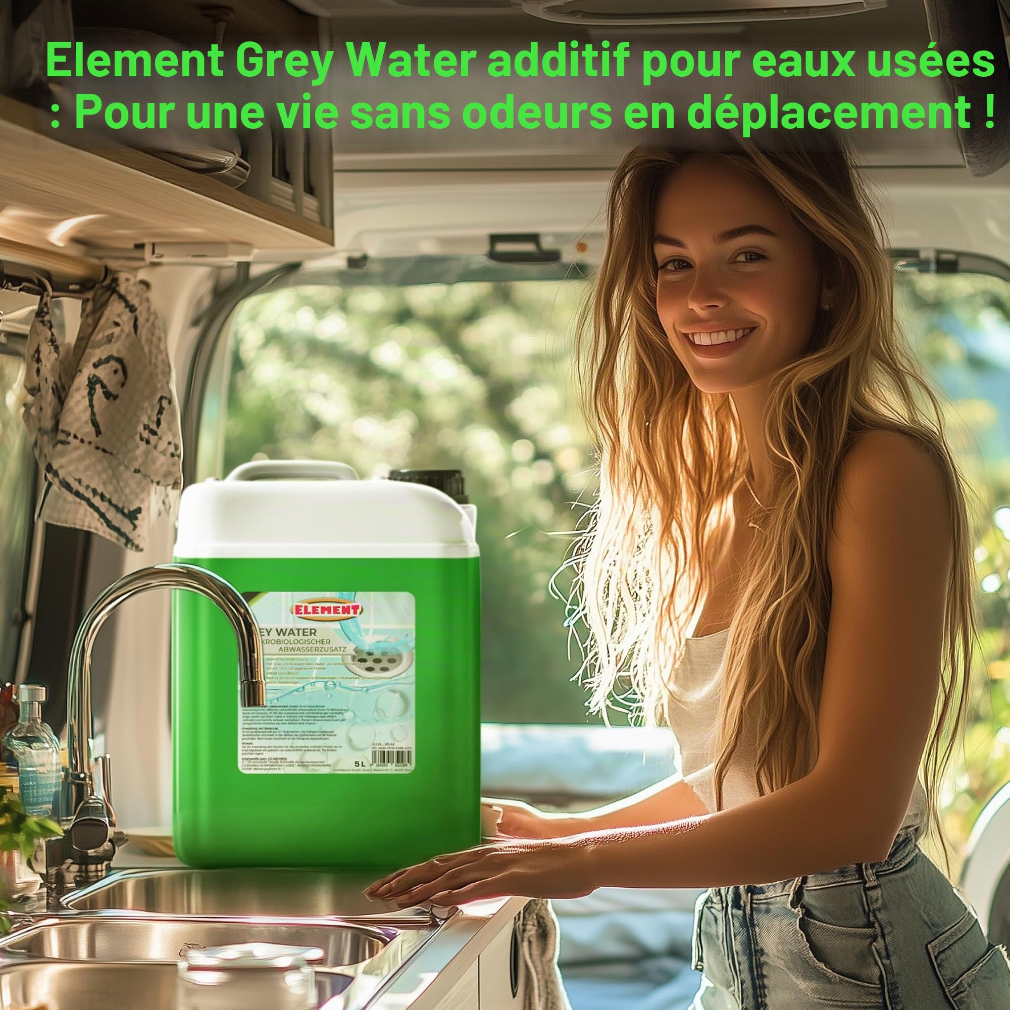 Additif pour réservoir d'eau grise pour camping-car - 5 litres - Concentré - Additif microbiologique pour réservoir d'eau grise - Nettoyant contre les odeurs désagréables - Additif pour réservoir
