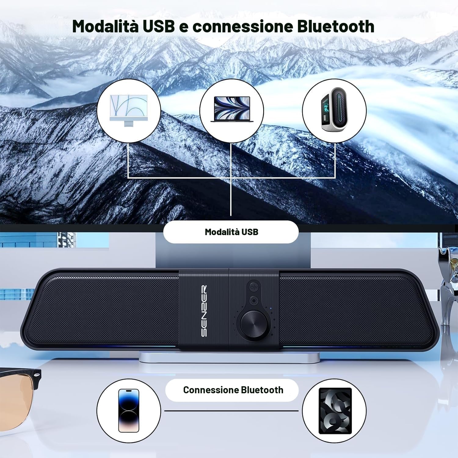 Senzer CS20 Casse Pc, Casses Usb Bluetooth Flowing LED Gaming SoundBar, Casse per Pc Computer Portatile (Not 3.5Aux)