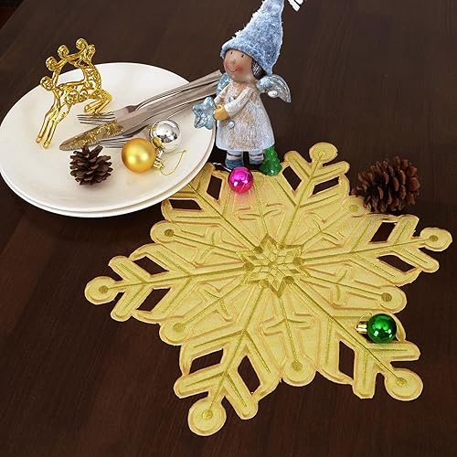 Miniatura 4 de Juego de 4 manteles individuales bordados de Navidad, doble grosor (copos de nieve dorados)