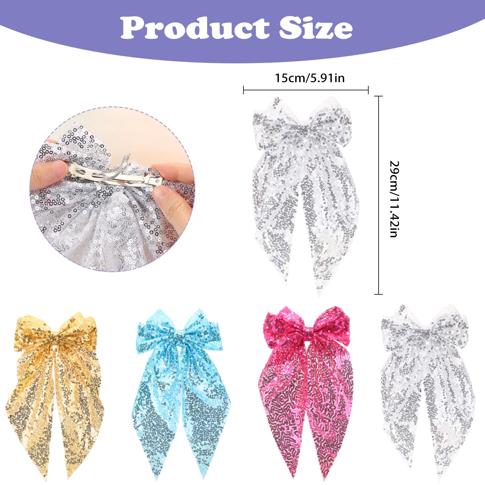 2pcs Sequin Bow Hair Bow Tie Big Glitter Bow Hair Clips,UHOMENY Bow knot Hair Styling Clips Hair Barrettes Wedding Hair Clips Double Bow Sparkly Large Ribbon Headdress Hair Accessories (Silver - Image 2
