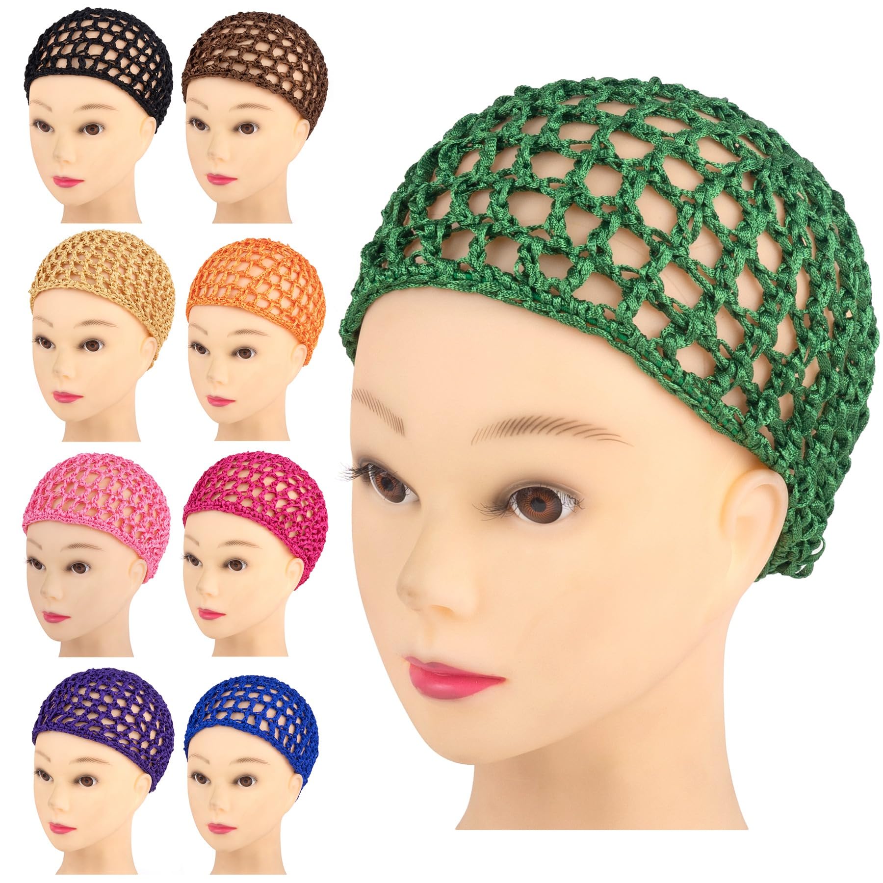 Framendino, 9 Pack Mesh Crochet Hair Net Rayon Knit Snoods Hat Thick Hairnet Snood Cover Ornament for Night Sleeping Hair Accessories (9 Colors)