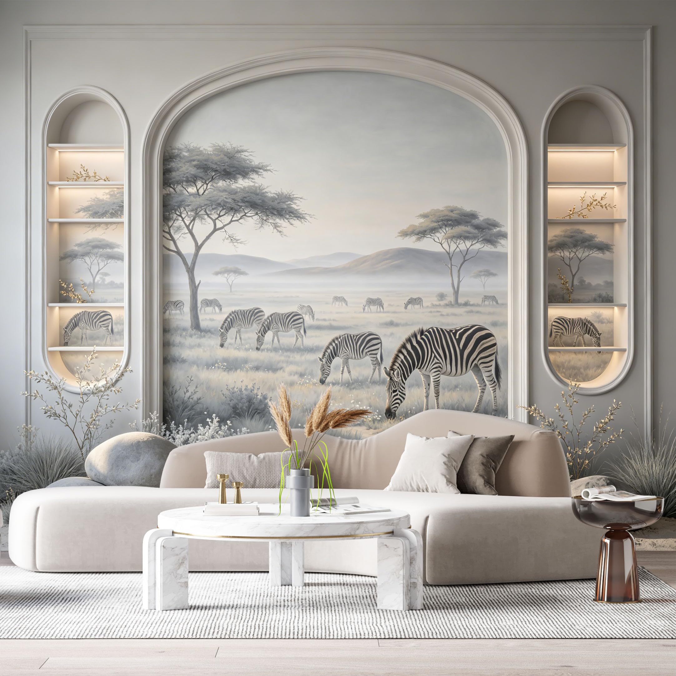 Custom Size Wall Murals Wildlife Zebra Savannah Landscape Minimalist 3D Trompe L'Oeil SelfAdhesiveWall Fabric Removable Wallpaper Wall Decor for Living Room Bedroom Bathroom