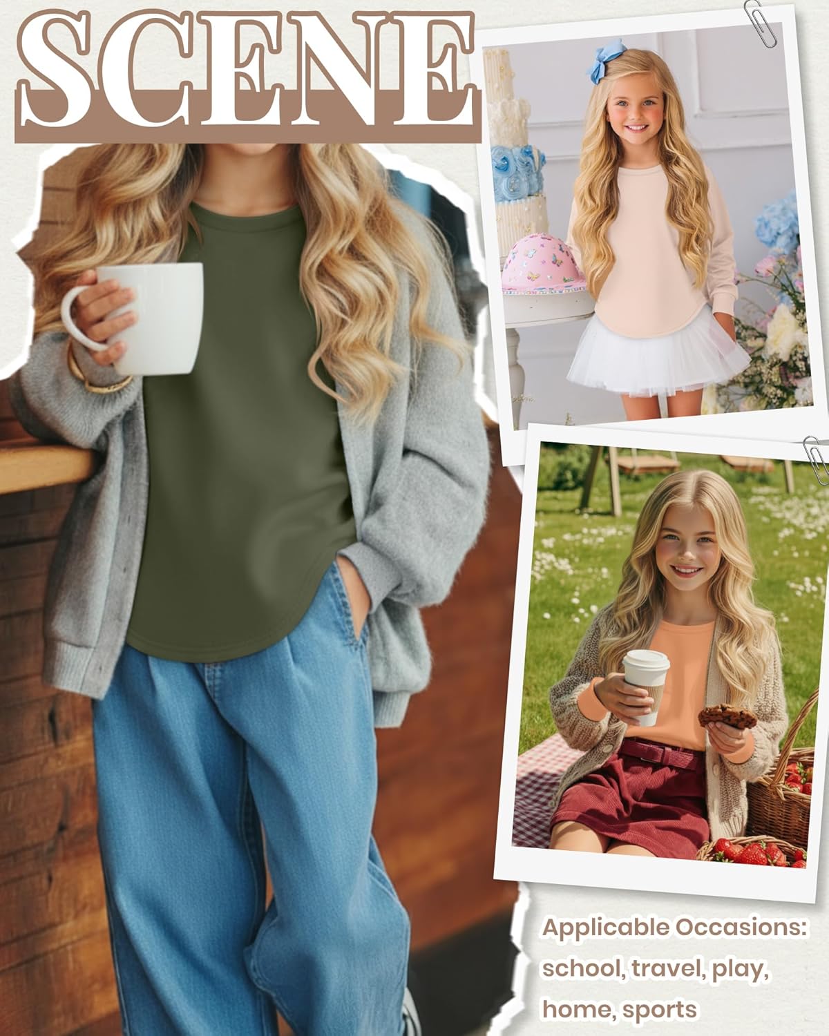 3 Pack Girls Long Sleeve Shirts Kids Crewneck Curve Hem Casual Tops Raglan Sleeve Athletic Comfy Pullover Tees - Image 4