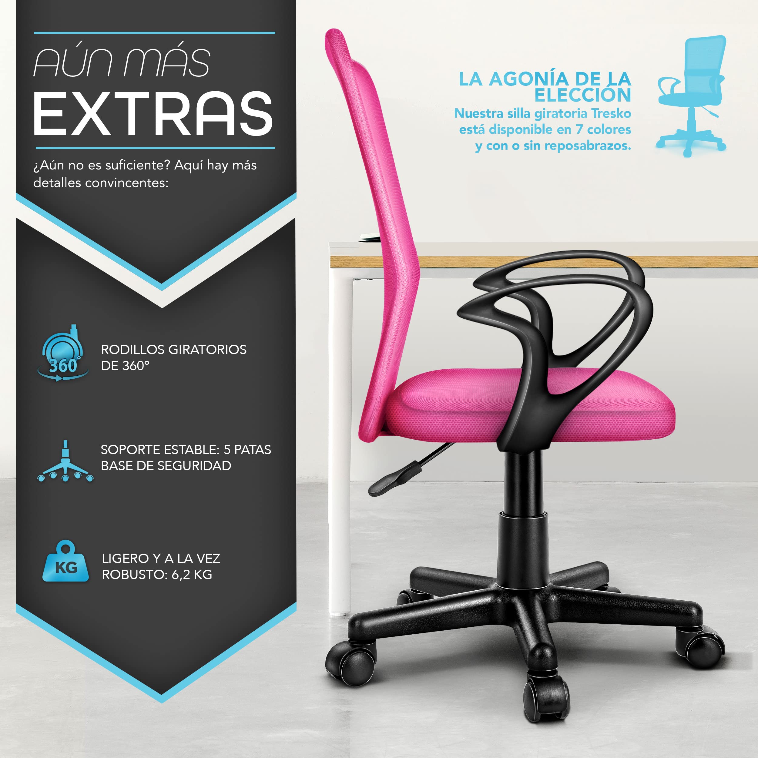 TRESKO Silla de Oficina Escritorio giratoria | Silla Giratoria con reposabrazos | para Estudio de Oficina, Regulable en Altura de Forma Continua, Respaldo ergonómico