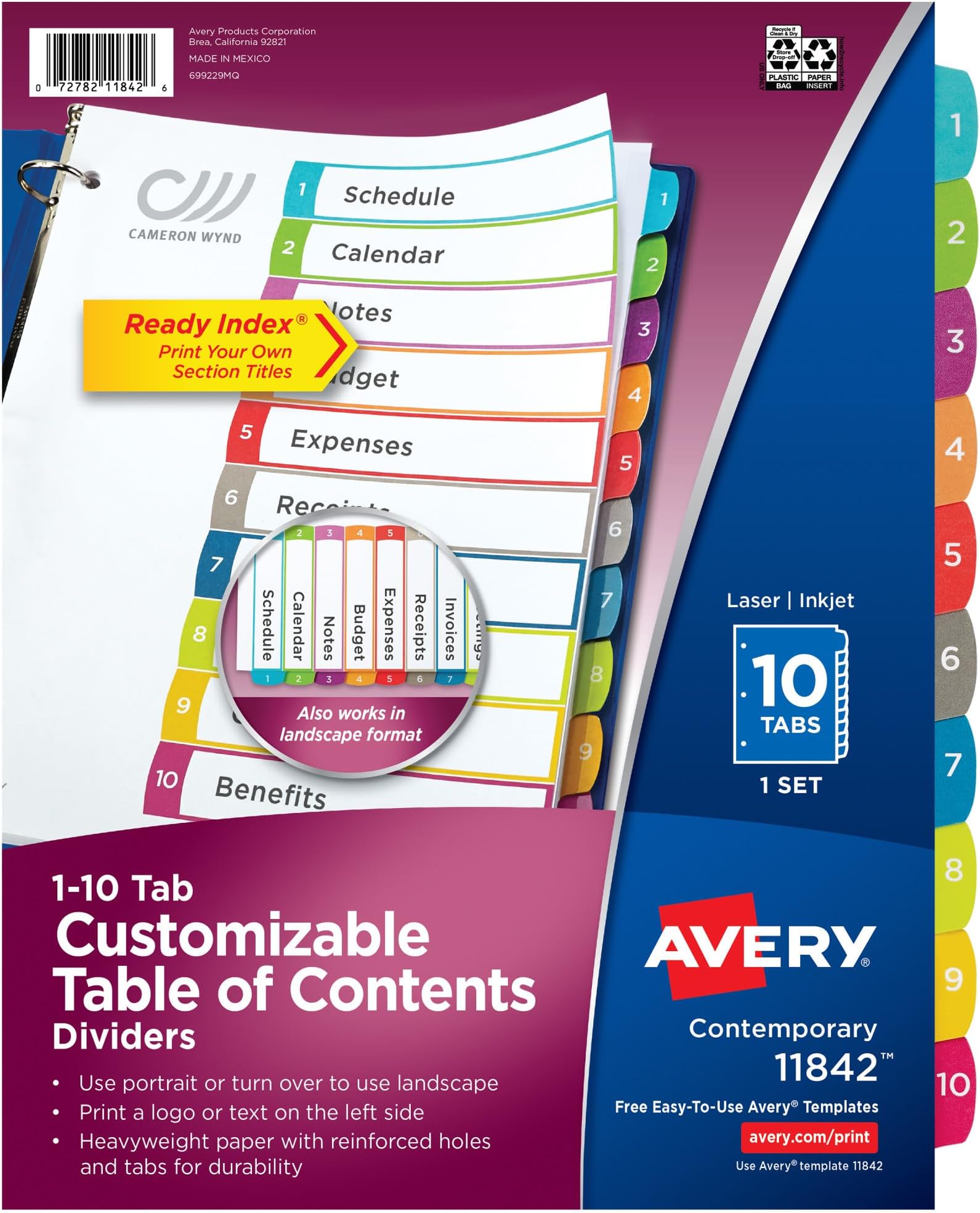 10-Tab Dividers for 3 Ring Binders, Customizable Table of Contents, Multicolor Tabs, 1 Set (11842)
