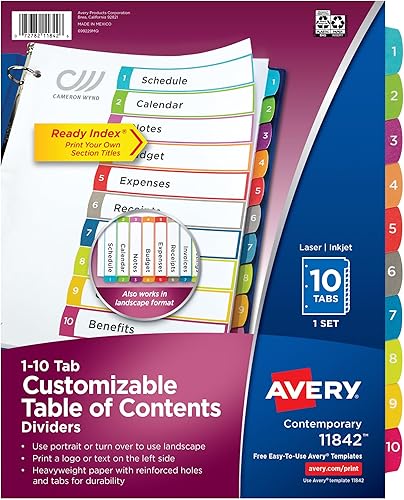 Avery - Separadores de 10 etiquetas para 3 carpetas de anillas, tabla personalizable de contenido, pestañas multicolor, 1 juego (11842)