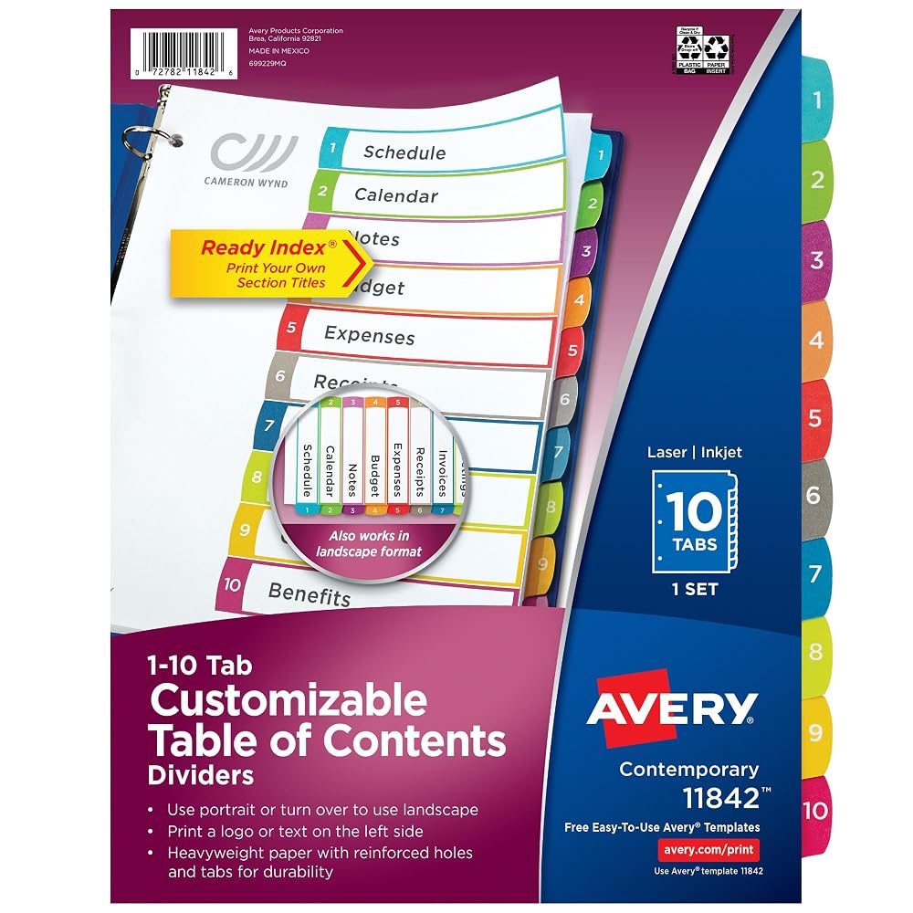 Avery Table of Contents Dividers, 1-10 Tab, Multicolor, 1 Set
