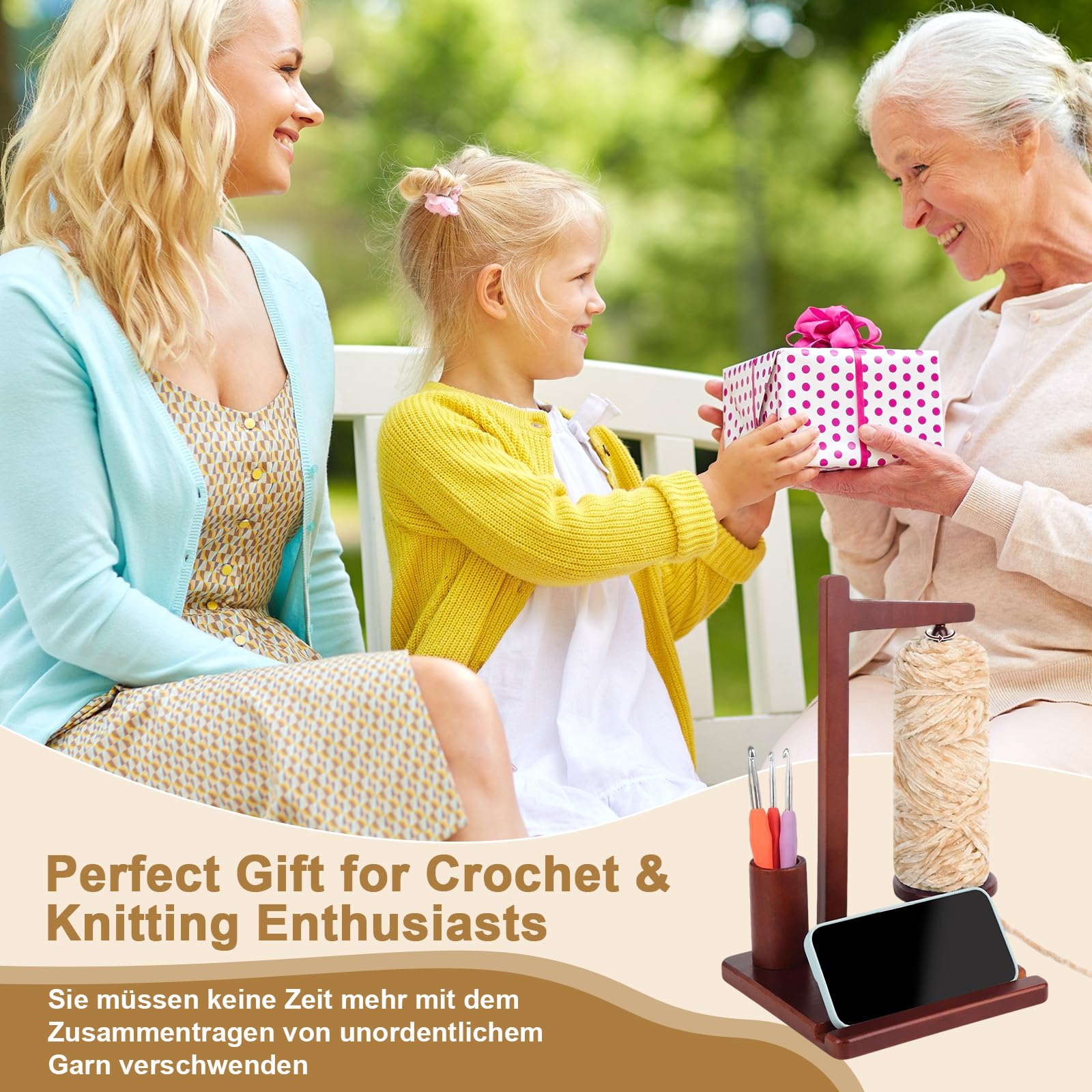 Porta Ovillos Magnético de Madera, Devanador Multifunción con Soporte Móvil & Almacenaje, Accesorio Portátil para Crochet, Tejer, Regalo Perfecto para Manualidades
