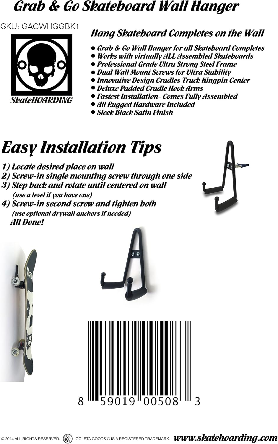 Grab & Go Skateboard Longboard Wall Hanger Storage Mount Rack