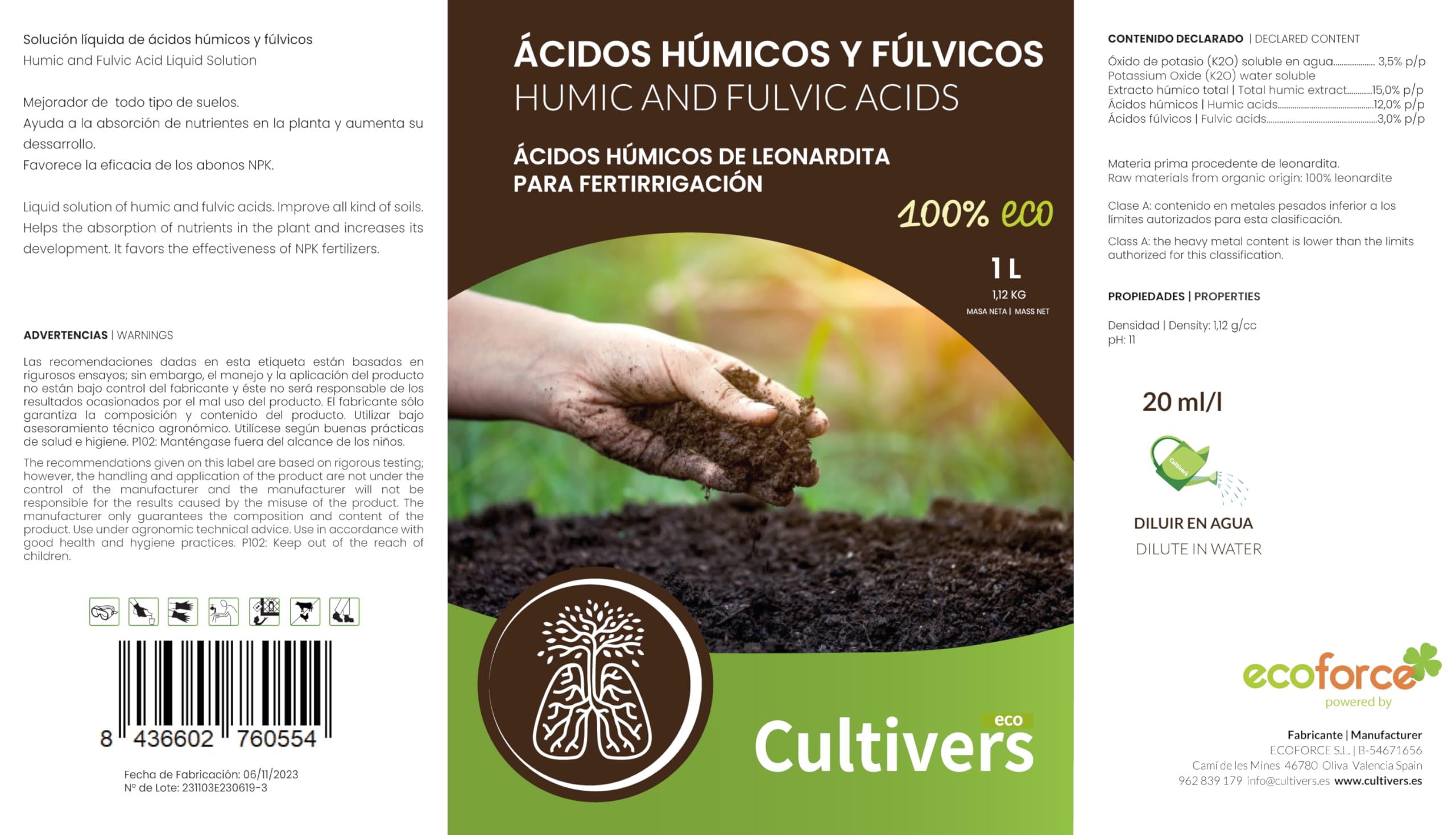 CULTIVERS Fertilizzante a Base di Acido umico e fulvico 5L. Fertilizzante  Leonardita. Aumenta la fertilità del Suolo, migliora la capacità di  Assorbimento dei nutrienti e sviluppa la radice : Amazon.it: Giardino e