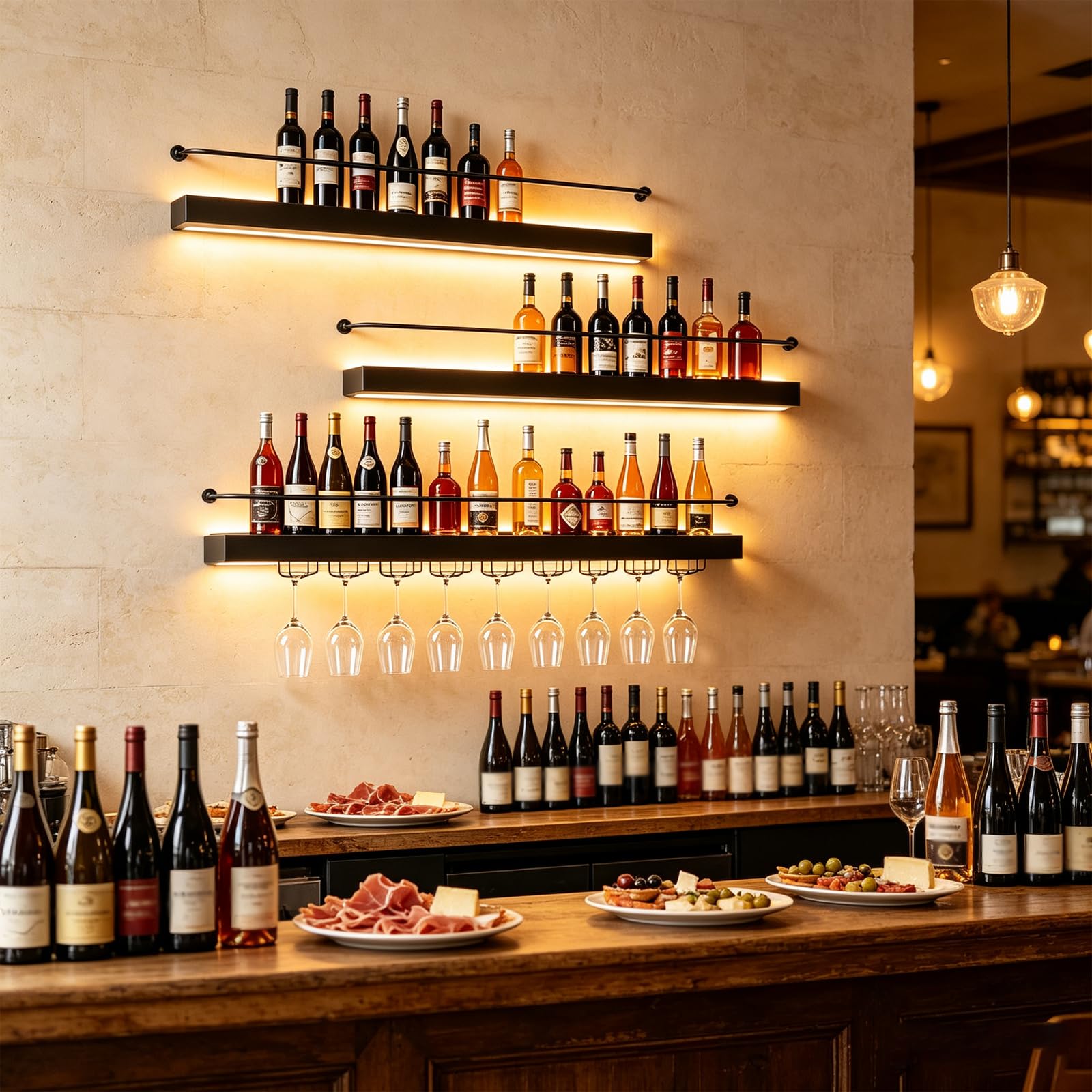 Estante de Vino de Pared con Luz LED, Hierro Negro (Negro, 100CM) | Hierro negro resistente; Incluye soporte para copas; Luz LED cálida; Montaje rápido; Ideal para cocina y bar.