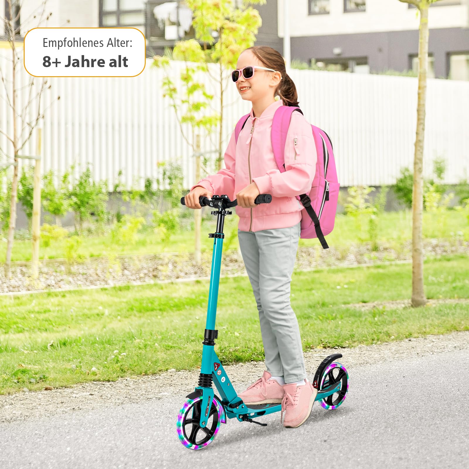 COSTWAY Skuter dziecięcy składany z lampkami, z regulacją wysokości, z paskiem do noszenia i stojakiem, obciążenie do 100 kg, hulajnoga dla dzieci i dorosłych