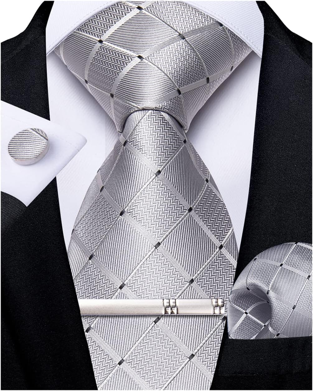 DiBanGu Men's Silk Solid Grey Necktie Set: Tie, Pocket Square, Cufflinks & Tie Clip for Wedding, Party, Formal Wear