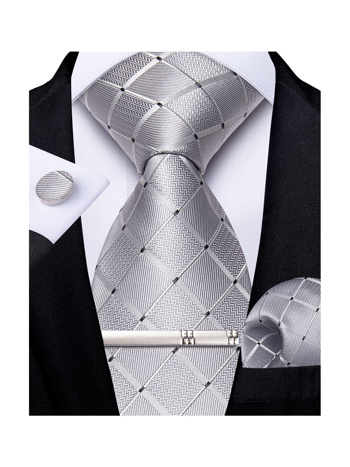 DiBanGu Mens Silk Necktie Solid Color Tie and Pocket Square Cufflink Tie Clip Set Woven Plain Ties for Men Wedding Party