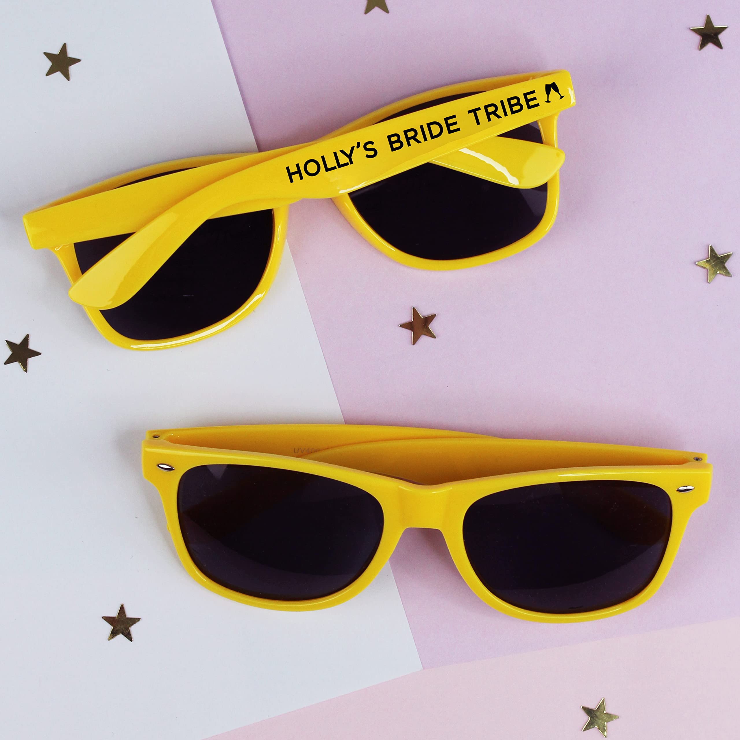 Ebuygb Girls Yellow Personalised Sunglasses, Uv400 Tinted Bride Tribe Shades, Bridal Party Favours For Hen Do, Hen Party Abroad, Weekend, Pool Party, Destination Wedding (Pack Of 15)