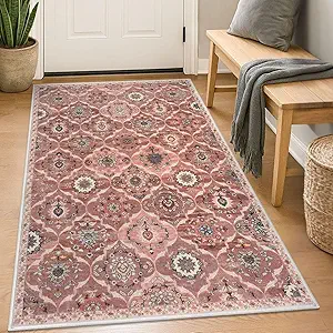 KILOCOCO 3x5 Moroccan Super Soft Area Rug Washable Living Room, Vintage Floral Rug Indoor Non-Slip, Print Faux Wool Accent Indoor Entryway Rug for Laundry Room Playroom Office, Terracotta