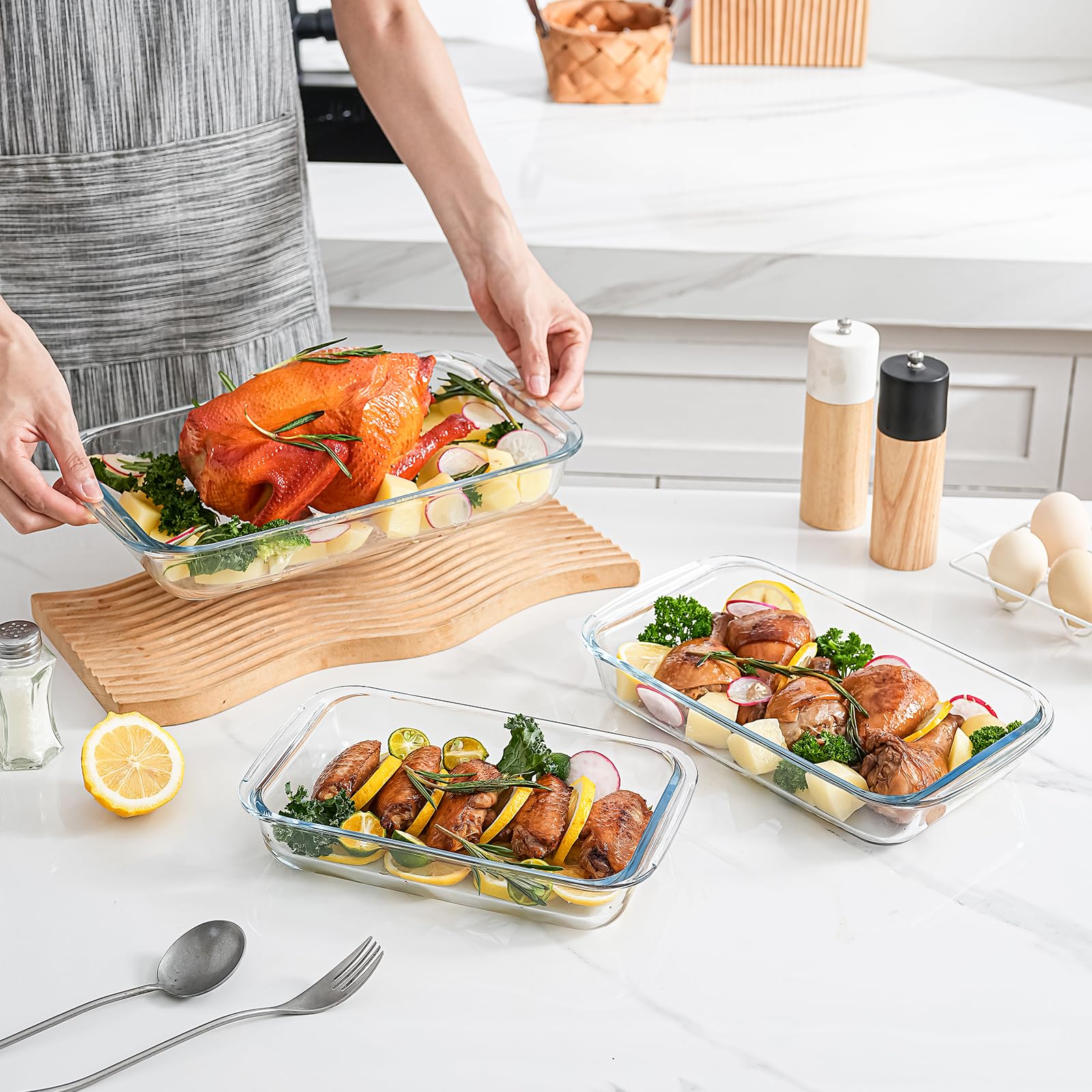 Lot de 3 Plaques de Cuisson Rectangulaires en Verre Borosilicate de 2,3 Litres + 1,6 Litre + 1 Litre pour Micro-ondes et Four, Adaptées pour la Cuisine, la Cuisson du Pain, des Gâteaux et des Repas